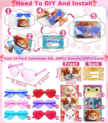 24 Pack Prefilled Valentines Day Gifts for Kids - Valentines Day Card for Kids School with Heart Shaped Glasses, 4 Colors Sunglasses Toys Set for Toddlers Exchange Gift, Party Favors, Classroom Prizes in Saudi Arabia