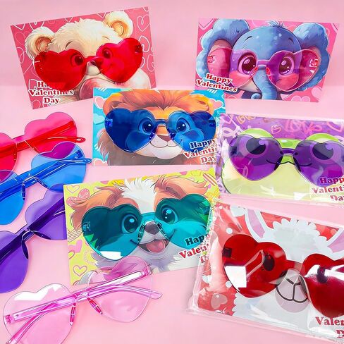 24 Pack Prefilled Valentines Day Gifts for Kids - Valentines Day Card for Kids School with Heart Shaped Glasses, 4 Colors Sunglasses Toys Set for Toddlers Exchange Gift, Party Favors, Classroom Prizes in Saudi Arabia