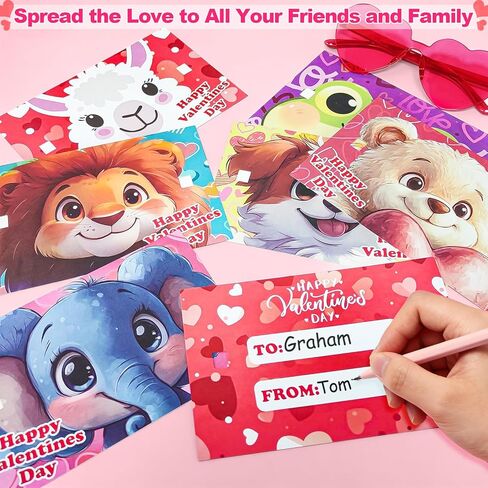 24 Pack Prefilled Valentines Day Gifts for Kids - Valentines Day Card for Kids School with Heart Shaped Glasses, 4 Colors Sunglasses Toys Set for Toddlers Exchange Gift, Party Favors, Classroom Prizes in Saudi Arabia