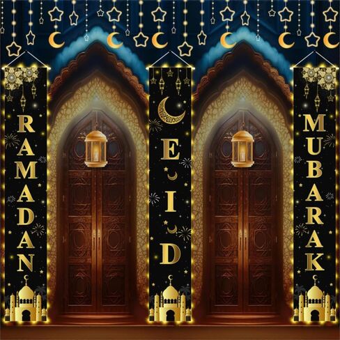 3pcs Ramadan Mubarak Banner Ramadan Mubarak Porch Sign Banner Eid Decorations for Home Front Door Eid Mubarak Door Banner for Indoor Outdoor in Saudi Arabia