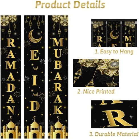 3pcs Ramadan Mubarak Banner Ramadan Mubarak Porch Sign Banner Eid Decorations for Home Front Door Eid Mubarak Door Banner for Indoor Outdoor in Saudi Arabia