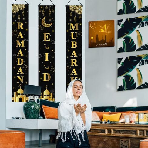 3pcs Ramadan Mubarak Banner Ramadan Mubarak Porch Sign Banner Eid Decorations for Home Front Door Eid Mubarak Door Banner for Indoor Outdoor in Saudi Arabia