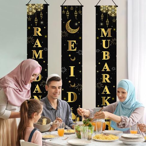 3pcs Ramadan Mubarak Banner Ramadan Mubarak Porch Sign Banner Eid Decorations for Home Front Door Eid Mubarak Door Banner for Indoor Outdoor in Saudi Arabia