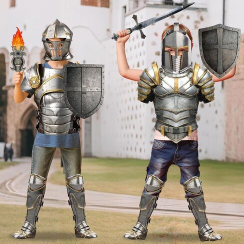 17 Pcs Medieval Knight Armor Costume Craft Kit Knight Birthday Decorations Medieval Paper Cutout Helmets Armor Toy Swords Shield Cosplay Soldier Party Supplies for Kid Dress up Props Party Decorations in Saudi Arabia