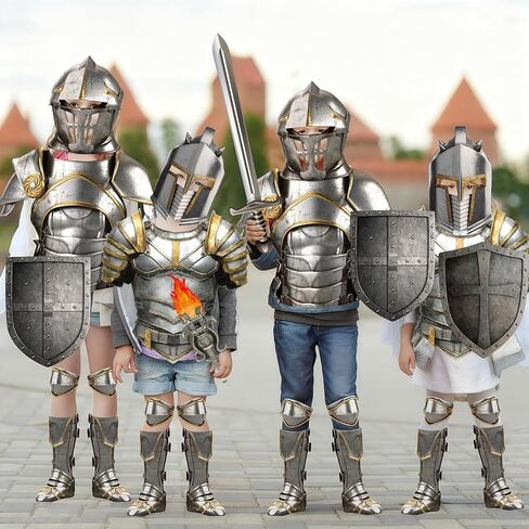 17 Pcs Medieval Knight Armor Costume Craft Kit Knight Birthday Decorations Medieval Paper Cutout Helmets Armor Toy Swords Shield Cosplay Soldier Party Supplies for Kid Dress up Props Party Decorations in Saudi Arabia