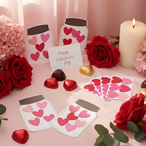 Colarr 24 Sets Valentine's Day Cards for Classroom Exchange Valentines DIY Paper Heart in Jar Card with Assorted Love Heart Stickers Love Candy Compliment Jar Craft Kindness Activity for Greeting in Saudi Arabia