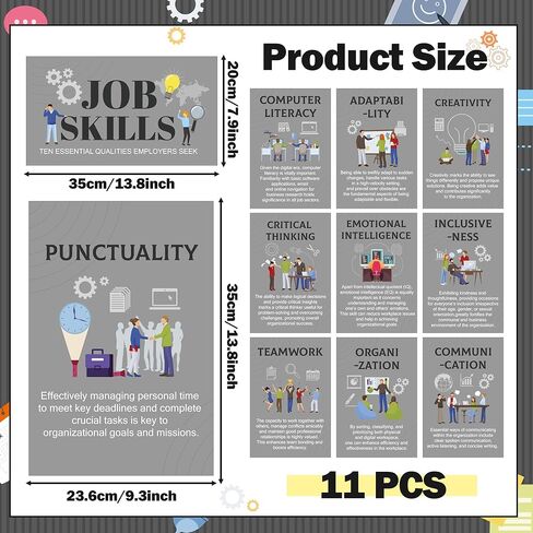 WATINC Job Skills Classroom Poster - 11PCS High School Career Bulletin Board Decorations, College Classroom Workplace Essential Qualities Learning Poster Decor Supplies for Business Seek (Grey) in Saudi Arabia