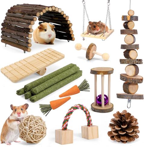 Hamster Toys Guinea Pig Enrichment Toys Set, Small Pet Chew Toys for Chinchilla Rabbit Bunny Gerbil Rat, Rodents Teeth Care, Hamster Cage Accessories with Hideout Wood Bridge Wheel Swing Seesaw in Saudi Arabia