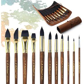 فرش ألوان مائية احترافية، 11 قطعة من فرش الرسم بالألوان المائية لفناني السناجب الاصطناعية - نقطة ممتدة، مسطحة، مدببة مستديرة، لسان القطط، خنجر للألوان المائية، طلاء أكريليك (11، بني) in Kuwait