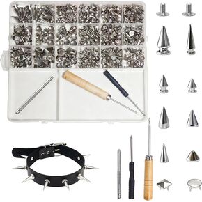 طقم مسامير ومسامير بانك مكونة من 455 قطعة، 10 أحجام مخروطية معدنية ومسامير مربعة للملابس والصناعات الجلدية، ديكور على طراز بانك DIY للسترات والحقائب والأحزمة وأطواق الكلاب in Kuwait