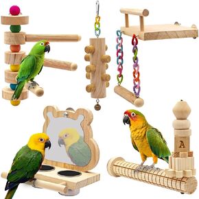 5PCS Bird Perch and Toy Set. Includes a Perch, Feeder, Swing, and Chew Toy. Hangable Natural Solid Wood Birdcage Accessories, Suitable for Small Budgies, Cockatiels, Conures, Lovebirds, Etc. in Saudi Arabia