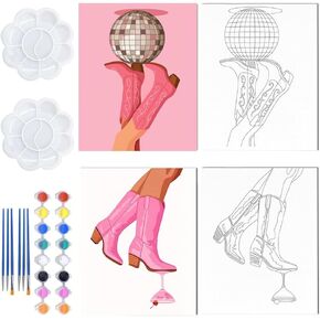 WEBEEDY 2 Pack Pre Drawn Canvas for Painting Stretched Coloring Painting Canvas Panels with Design for Lady Sip and Paint Party Favor Valentine's Day Wall Art Decor,8x10 Inch(Pink Boots Glass Ball) in Saudi Arabia
