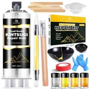 Kintsugi Repair Kit, Upgraded Food Safe Gold & Silver Kintsugi Kit for Broken Ceramics Kintsugi Gold Glue, Ceramic Glue for Pottery, Fast Curing Ceramic Repair Resin for Bowls, Cups, Vases, Saucers in Kuwait