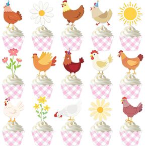 Chicken and Daisy Cupcake Toppers and Wrappers Floral Chicken Birthday Decoration 48Pcs Pink Gingham Cupcake Liners barnyard Hen Themed Cake Decor for Farm Animals Bday Baby Shower Supplies in Saudi Arabia