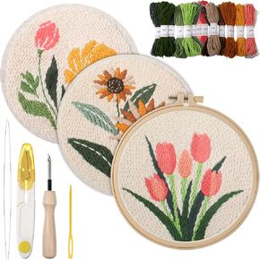 Lyksgir 3 Sets Punch Needle Kits, Punch Needle Embroidery Starter Kits for Adults Beginners, DIY Easy Flower Embroidery Set with Printed Pattern, Hoops, Yarns, Instruction and Threader Tools in Kuwait
