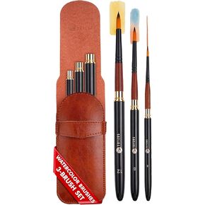 Artist Paint Brushes Watercolor Acrylic - Professional Watercolor Paint Brushes Set with Bi-Color Nylon Hair, Travel Watercolor Set, Leather Case & Round Bristle Point - Set of 3 Sizes - Black in Saudi Arabia