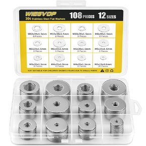 108Pcs 304 Stainless Steel Flat Washers, Fender Washers Assortment Kit 12 Sizes (M3-M12) Metal Washers for Screws Bolts Large and Small Hardware for Various Home Industrial Automotive in Saudi Arabia