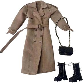 Classic Trench Coat Outfit Set for 11.5-12 Inch Fashion Dolls, Khaki Double-Breasted Coat with Belt, Quilted Handbag, Black Lace-Up Ankle Boots, 1/6 Scale Doll Accessories in Saudi Arabia