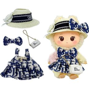 مجموعة ملابس الدمية (بدون دمية)، قبعة قصيرة من القش، حقيبة كروس، فستان، مناسب للدمى مقاس 15-17 سم، مجموعة إكسسوارات ملابس بتصميم علامة تجارية فاخرة in Kuwait