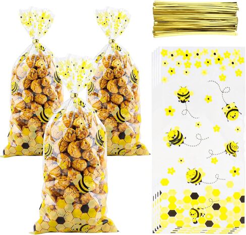 Cxryrzhe 50 Pcs Cellophane Treat Bags Little Bee Cellophane Candy Cookies Gift Bags 5"X10.8" with Twist Ties for Snack Bakery Birthday Wedding Party in Saudi Arabia