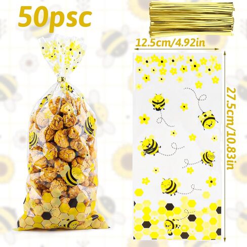 Cxryrzhe 50 Pcs Cellophane Treat Bags Little Bee Cellophane Candy Cookies Gift Bags 5"X10.8" with Twist Ties for Snack Bakery Birthday Wedding Party in Saudi Arabia