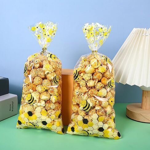 Cxryrzhe 50 Pcs Cellophane Treat Bags Little Bee Cellophane Candy Cookies Gift Bags 5"X10.8" with Twist Ties for Snack Bakery Birthday Wedding Party in Saudi Arabia