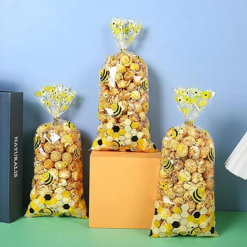 Cxryrzhe 50 Pcs Cellophane Treat Bags Little Bee Cellophane Candy Cookies Gift Bags 5"X10.8" with Twist Ties for Snack Bakery Birthday Wedding Party in Saudi Arabia