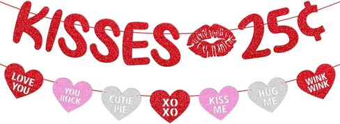 Kisses 25 Cent Banner Glitter Red Pink Heart Garland Happy Valentine’s Day Party Decoration Funny Valentine Decor Baby Boy Girl Valentine’s Day Party Supplies in Kuwait
