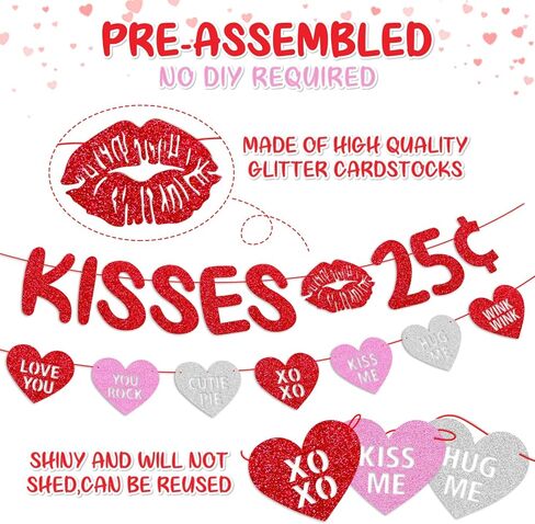 Kisses 25 Cent Banner Glitter Red Pink Heart Garland Happy Valentine’s Day Party Decoration Funny Valentine Decor Baby Boy Girl Valentine’s Day Party Supplies in Kuwait