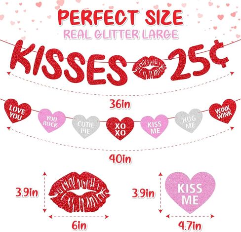Kisses 25 Cent Banner Glitter Red Pink Heart Garland Happy Valentine’s Day Party Decoration Funny Valentine Decor Baby Boy Girl Valentine’s Day Party Supplies in Kuwait