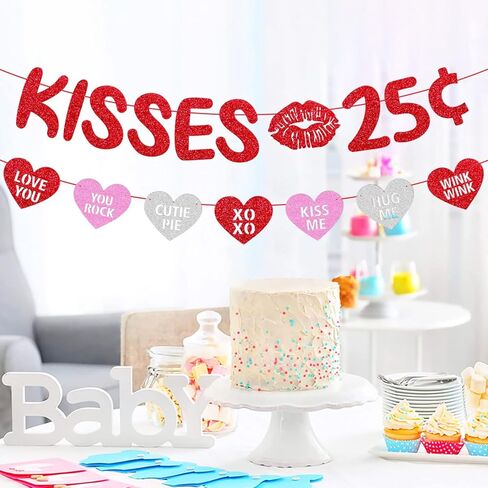 Kisses 25 Cent Banner Glitter Red Pink Heart Garland Happy Valentine’s Day Party Decoration Funny Valentine Decor Baby Boy Girl Valentine’s Day Party Supplies in Kuwait