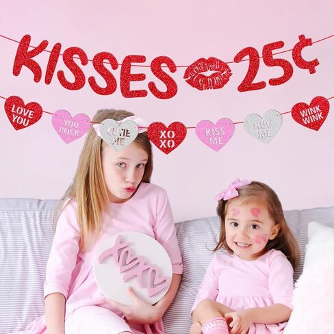 Kisses 25 Cent Banner Glitter Red Pink Heart Garland Happy Valentine’s Day Party Decoration Funny Valentine Decor Baby Boy Girl Valentine’s Day Party Supplies in Kuwait