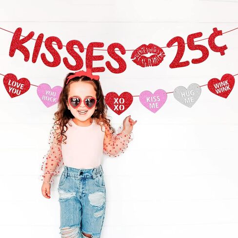 Kisses 25 Cent Banner Glitter Red Pink Heart Garland Happy Valentine’s Day Party Decoration Funny Valentine Decor Baby Boy Girl Valentine’s Day Party Supplies in Kuwait
