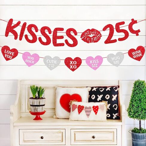 Kisses 25 Cent Banner Glitter Red Pink Heart Garland Happy Valentine’s Day Party Decoration Funny Valentine Decor Baby Boy Girl Valentine’s Day Party Supplies in Kuwait