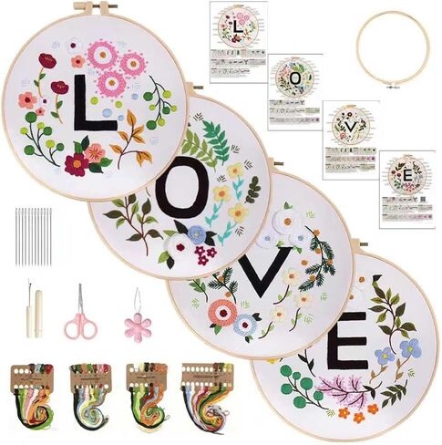 Vereela Embroidery Kit for Beginners - 4 Pack Cross Stitch Kits with Stamped Flower and Letter Patterns (Love), Hoops, Colorful Floss, Tools & Detailed Instructions - Handmade Craft Gift in Saudi Arabia