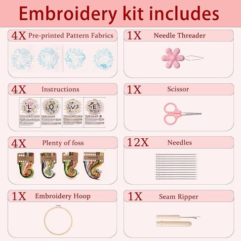 Vereela Embroidery Kit for Beginners - 4 Pack Cross Stitch Kits with Stamped Flower and Letter Patterns (Love), Hoops, Colorful Floss, Tools & Detailed Instructions - Handmade Craft Gift in Saudi Arabia