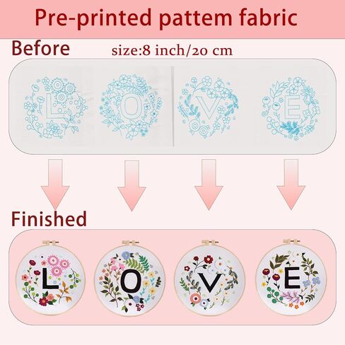Vereela Embroidery Kit for Beginners - 4 Pack Cross Stitch Kits with Stamped Flower and Letter Patterns (Love), Hoops, Colorful Floss, Tools & Detailed Instructions - Handmade Craft Gift in Saudi Arabia
