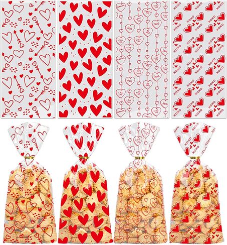 أكياس Totelux Valentines Cellophane Goodie أكياس بلاستيكية شفافة مطبوعة على شكل قلب مع أربطة لملفات تعريف الارتباط والحلوى وتغليف هدايا عيد الحب ومستلزمات حفلات عيد الحب باللون الأحمر 50 قطعة in Saudi Arabia