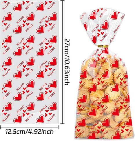 أكياس Totelux Valentines Cellophane Goodie أكياس بلاستيكية شفافة مطبوعة على شكل قلب مع أربطة لملفات تعريف الارتباط والحلوى وتغليف هدايا عيد الحب ومستلزمات حفلات عيد الحب باللون الأحمر 50 قطعة in Saudi Arabia