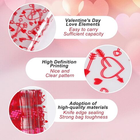 أكياس Totelux Valentines Cellophane Goodie أكياس بلاستيكية شفافة مطبوعة على شكل قلب مع أربطة لملفات تعريف الارتباط والحلوى وتغليف هدايا عيد الحب ومستلزمات حفلات عيد الحب باللون الأحمر 50 قطعة in Saudi Arabia