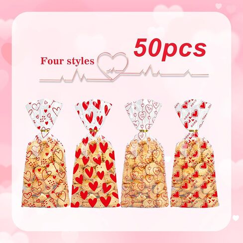 أكياس Totelux Valentines Cellophane Goodie أكياس بلاستيكية شفافة مطبوعة على شكل قلب مع أربطة لملفات تعريف الارتباط والحلوى وتغليف هدايا عيد الحب ومستلزمات حفلات عيد الحب باللون الأحمر 50 قطعة in Saudi Arabia
