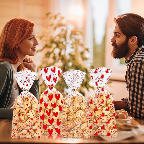 أكياس Totelux Valentines Cellophane Goodie أكياس بلاستيكية شفافة مطبوعة على شكل قلب مع أربطة لملفات تعريف الارتباط والحلوى وتغليف هدايا عيد الحب ومستلزمات حفلات عيد الحب باللون الأحمر 50 قطعة in Saudi Arabia