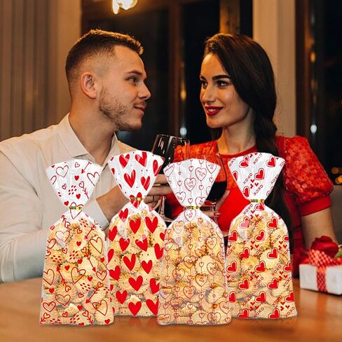 أكياس Totelux Valentines Cellophane Goodie أكياس بلاستيكية شفافة مطبوعة على شكل قلب مع أربطة لملفات تعريف الارتباط والحلوى وتغليف هدايا عيد الحب ومستلزمات حفلات عيد الحب باللون الأحمر 50 قطعة in Saudi Arabia