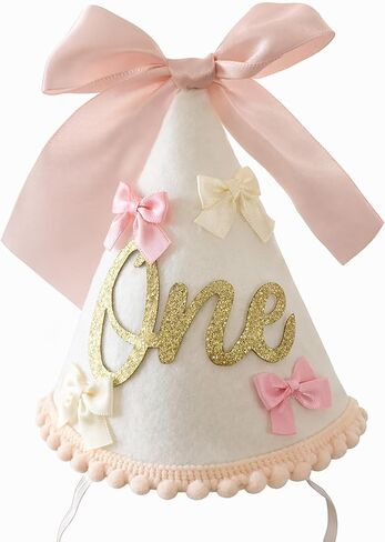 1st Birthday Hat for Baby Girl, Soft Pink Princess Style with Handcrafted Satin Bow & Glitter “One" Patch in Saudi Arabia