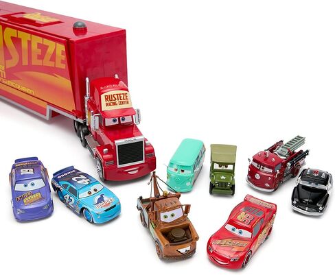 Disney Store Official Mack Hauler Play Set - Light & Sound Mack Carrier with 8 Pullback Die Cast Vehicles - Red, Fillmore, Lightning McQueen, Bobby Swift, Cal Weathers, Sarge, Sheriff & Tow Mater in Saudi Arabia