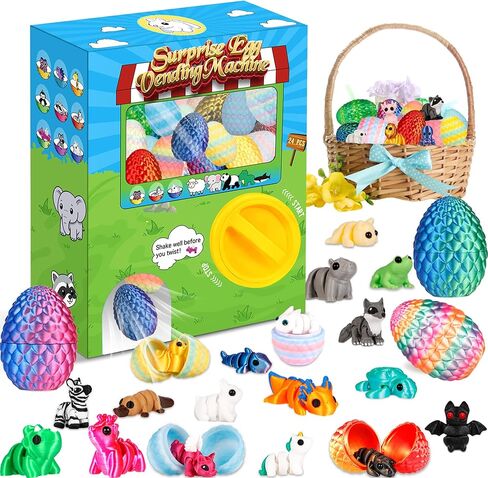 Prefilled Easter Eggs - 24Pcs 3D Printed Surprise Eggs with 3D Animals Toys Capsule Vending Machine Toy Easter Eggs Filled Gifts for Boys Girls Kids in Saudi Arabia