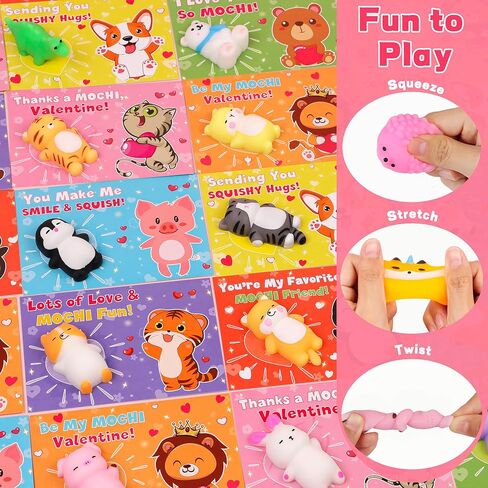 28 Pack Valentines Day Gifts for Kids Classroom Cute Mochi Squishies with Valentines Day Cards for Kids School, Valentines for Kids Class Exchange Cards Gifts Prizes Party Favors for Boys Girls in Saudi Arabia