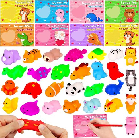 28 Pack Valentines Day Gifts for Kids Classroom Cute Mochi Squishies with Valentines Day Cards for Kids School, Valentines for Kids Class Exchange Cards Gifts Prizes Party Favors for Boys Girls in Saudi Arabia