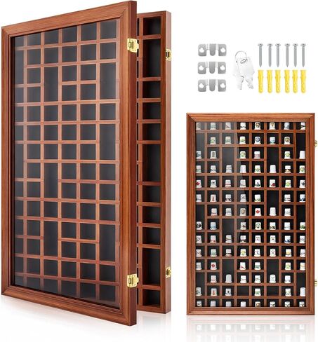 Yookeer 100 Opening Thimble Miniature Display Case Cabinet Holder Wall Rack 98% UV Lockable with Glass Door for Rock Collection, Walnut 28 x 16 x 1.75 Inch in Saudi Arabia