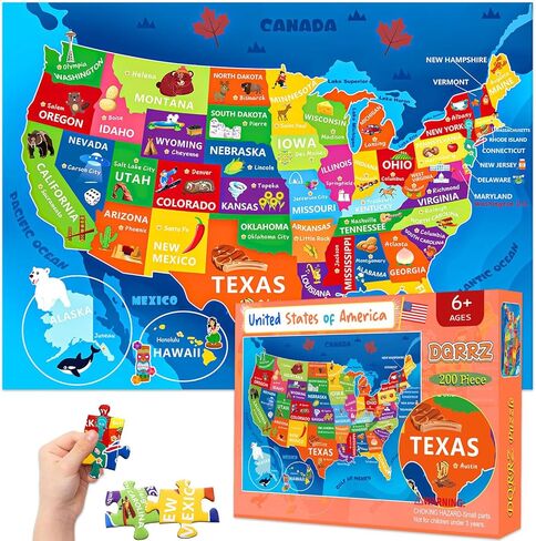 لغز خريطة الولايات المتحدة للأطفال الذين تتراوح أعمارهم بين 6-8 8-10 10-12 - 200 قطعة من الصور المقطوعة الأرضية مع ملصق - منشار جغرافي تعليمي للولايات المتحدة الأمريكية مع 50 دولة وعواصم - لغز خريطة كبير هدية STEM للأولاد والبنات in Kuwait